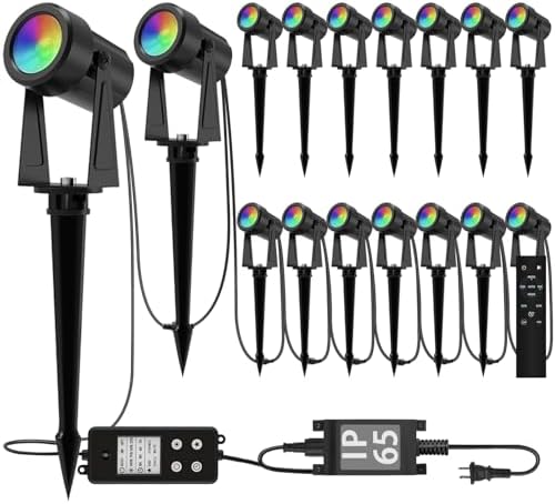 SUNTHIN Outdoor RGBW Landscape Lighting with Remote, Dusk to Dawn, 16 Pack