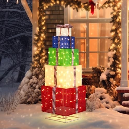 VINGLI 6FT Christmas Lighted Gift Boxes Decorations with Plug, Light up Present Boxes Ornament with Pre-lit LED Lights Pre-Secured Bowknot for Indoor or Outdoor Christmas Decorations, Colorful