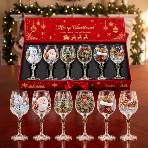 Christmas Wine Glass Collection Gift Box Set, Christmas Wine Glasses, Raised Holiday Goblet with Snowflake Decor, Festive Glassware, Wines & Cocktails, Holiday Party & Table Decor (6pcs)