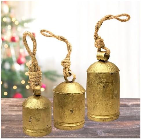Decorative Cow Bells Set of 3 Large Harmony Bells - Vintage Giant Christmas Bells, Country Rustic Cowbell on Jute Rope XL Hanging Lucky Golden Bells (4"-6"-8")
