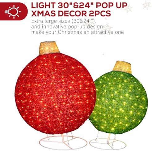 Hykolity 2 Pack 30" & 24" Pop-Up Iron Christmas Ornament Set, 230 Warm White LEDs with UL Transformer, 8 Light Functions & 18H Timer, Red & Green
