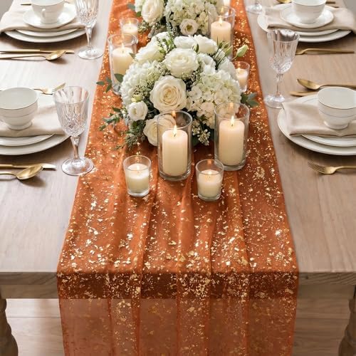 Artoid Mode 6PCS Caramel Gauze Gold Table Runner 120 Inch 10FT, Glitter Metallic Foil Sheer Dining Wedding Anniversary Holiday Table Decor for Home Party