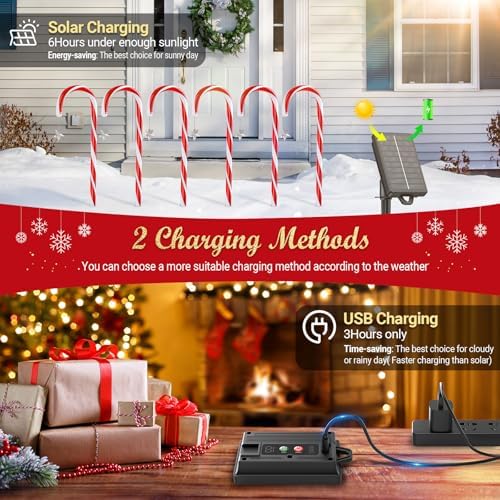 BUCASA 12 Pack Christmas Decorations Outdoor Solar Candy Cane Lights, Solar Christmas Pathway Lights with USB Charge, 10 Modes 72 LEDs Waterproof Outdoor Xmas Decorations for Garden Yard Pathway
