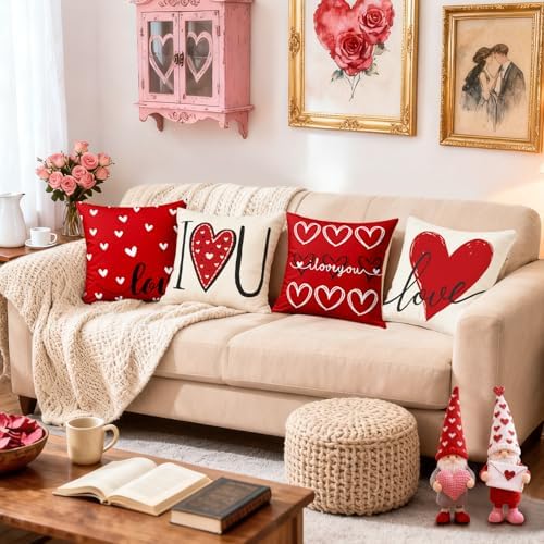 Valentines Day Decorations-Valentine Pillow Covers 18x18 Set of 4, Red Hearts I Love You Happy Valentine's Day Throw Outdoor Pillow Covers Anniversary Wedding Cushion Case for Home Sofa Couch Decor