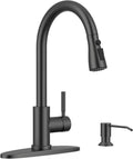 WEWE Kitchen Faucet with Soap Dispenser and Pull Down Sprayer, RV Single Handle Classic 3 Modes Stainless Steel Faucet for Kitchen Sink, RV, Matte Black