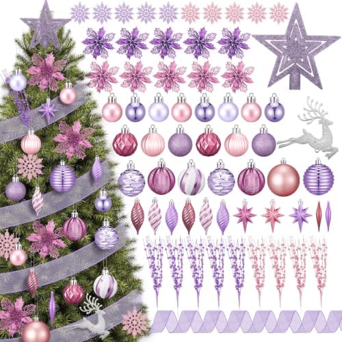 CroBlissful 118 Pcs Pink Purple Christmas Tree Decoration Set Including Ornaments Ball, Mesh Ribbon, Snowflakes Icicle, Top Star, Deer, Flower, Berries Stem Pastel Christmas Decoration for Xmas Trees
