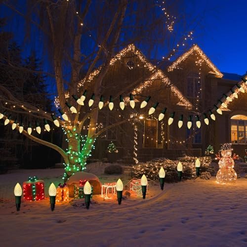 Huacenmy Solar Christmas Pathway Lights Outdoor, 20 LED C9 With 20 Stakes, 23FT Decorations Strawberry String for Roof Yard Patio Walkway Driveway, Warm White