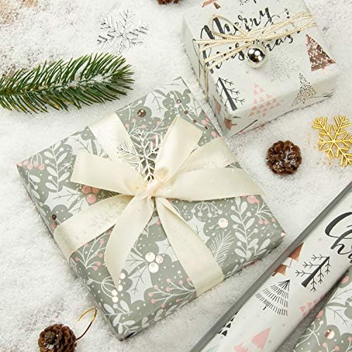 WRAPAHOLIC 30 Inch Christmas Wrapping Paper Roll - Jumbo Roll Rose Gold and Pink Holiday Design with Metallic Foil Shine - 4 Rolls - 30 Inch x 120 Inch Per Roll