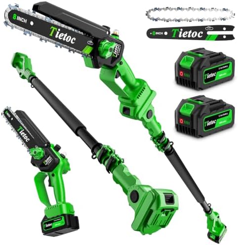 TIETOC 2-in-1 Brushless Pole Saw for Tree Trimming – 8/6" Mini Electric Chainsaw with 2×4000mAh Batteries, Auto Oiling, Tool-Free Adjustment,Cordless Battery Powered Saw for Home Garden Branch Cutting