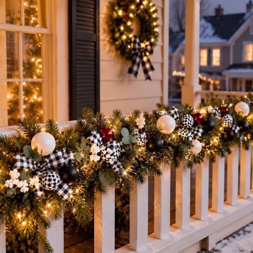 Riceshoot 6 ft Plaid Black White Christmas Garland with LED Bow Ball