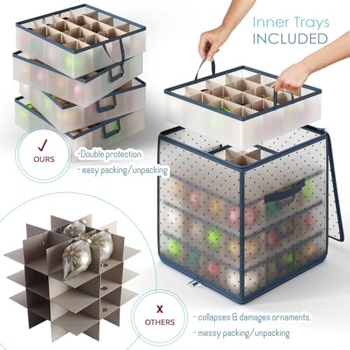 Hearth & Harbor Christmas Ornament Storage Box With 4 Inner Tray Dividers - Plastic Ornament Storage Container For 64 Holiday Ornaments or Decorations
