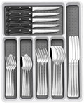 49-Piece Silverware Set with Organizer, Food-Grade Stainless Steel Flatware for 8, Cutlery Utensil Sets with Steak Knives, Rust-proof, Mirror Polished, Dishwasher Safe, Silver Roman Column