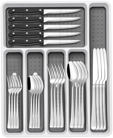 49-Piece Silverware Set with Organizer, Food-Grade Stainless Steel Flatware for 8, Cutlery Utensil Sets with Steak Knives, Rust-proof, Mirror Polished, Dishwasher Safe, Silver Roman Column
