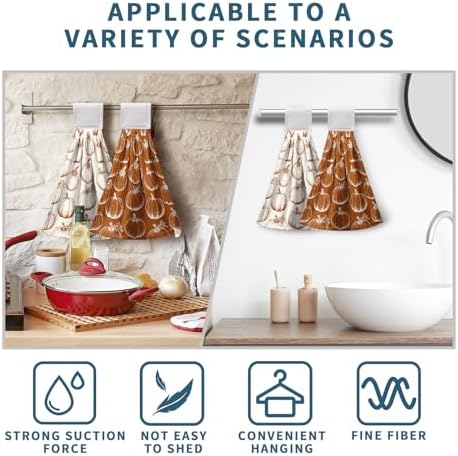 2 Pcs Fall Pumpkin Hanging Kitchen Towels Autumn Thanksgiving Hand Towels with Hanging Loop Burnt Orange White Pumpkins Dish Towels Soft Absorbent Bath Tie Towel for Bathroom Decor