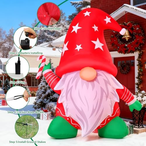 COMIN 6FT Christmas Inflatables Gnome with Candy Cane Outdoor Decorations