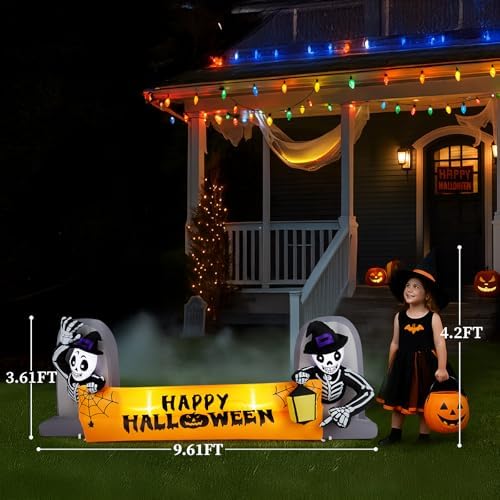 Outvita Halloween Inflatable Skeleton Tombstone Banner 9.6FT, Blow Up Outdoor Decoration with LEDs, Halloween Decor for Yard, Party, Garden, Party, Garden