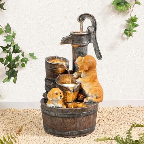 Glitzhome Water Fountain Outdoor, Outdoor Fountain with Lights & Pump, 23.75" H Cute Dog Playing Around The Water Polyresin Cascading Waterfall Floor Standing Water Feature for Garden, Patio