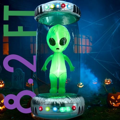 Outvita 8.2FT Halloween Inflatable Alien with UFO, Blow Up Outdoor Decoration with Rotating LEDs, Halloween Decor for Yard, Party, Garden