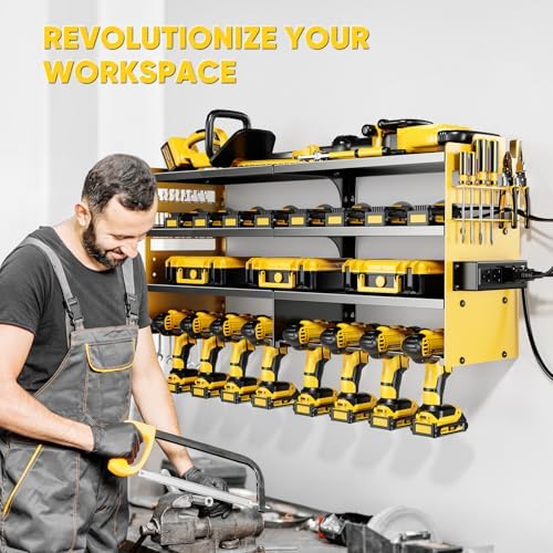POKIPO Large Power Tool Organizer Wall Mount with Charging Station,4 Layer Heavy Duty Metal Storage Rack Loads 600lbs with 8 Cordless Drill Holder,Battery Utility Rack Gift for Garage workshops Room