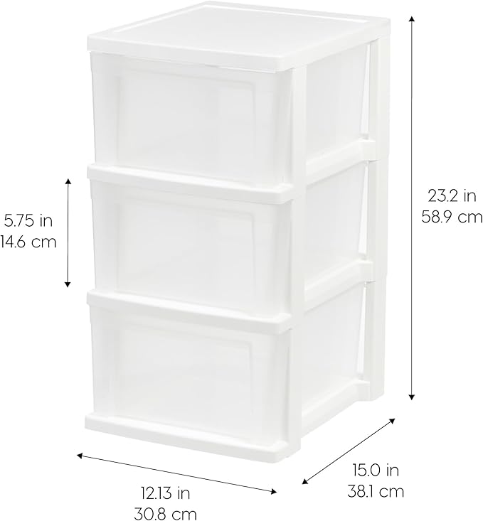 IRIS USA Plastic Drawer Storage Organizer, 3-Drawers, 2-Pack, for Classroom Art Craft Supplies, Bathroom Bedroom, Laundry Room, White/Clear