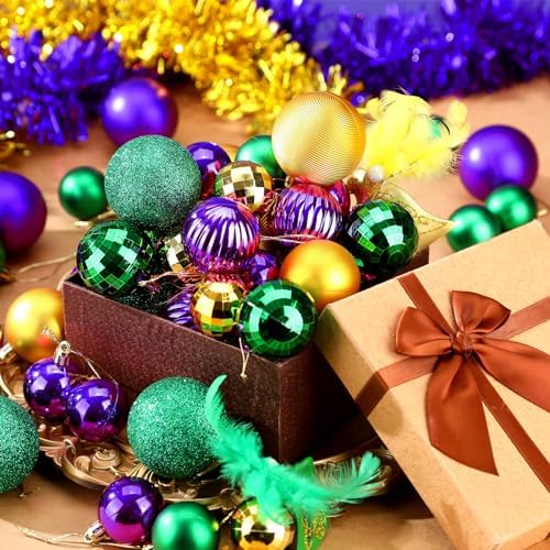 Lunmon 64 Pcs Mardi Gras Christmas Ornaments Purple Yellow Green Xmas Bulbs