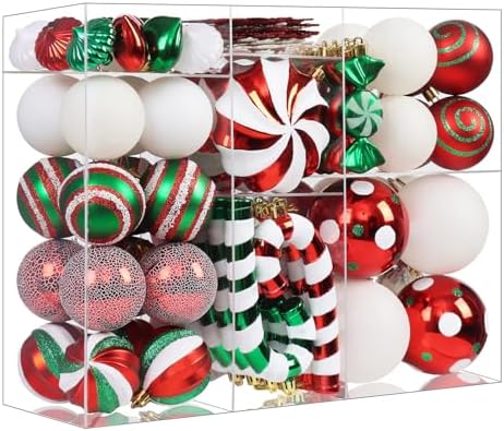 105Ct Red Green and White Christmas Ornaments Set Shatterproof Candy Cane Theme Decorations for Xmas Tree, Donut Polka Dot Assorted Ornaments for Holiday Family Decor (Red Green White)