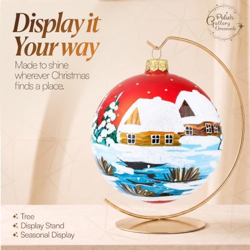 Polish Hand Blown Glass Christmas Ornaments Ball, Cottage Red Blue 5 in
