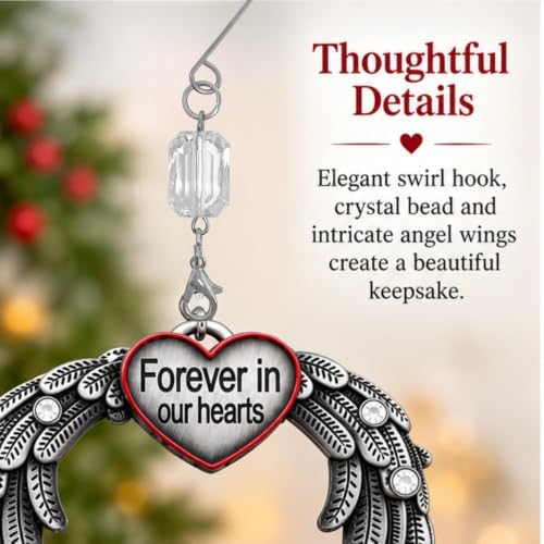 Memorial Photo Ornaments Set of 2 – “Forever in Our Hearts” Silver Heart with Angel Wings – in Memory Picture Ornament – Sympathy Gift for Loss of Loved One – 3.5" H x 3" W – Gift Storage Bags