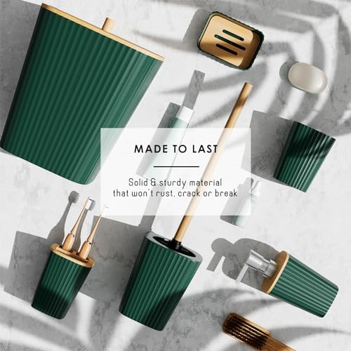 Clara Clark Bathroom Set - Hunter Green Bathroom Accessories Set, 6PC Bathroom Accessory Set, Bathroom Sets with Adhesive Corner Shower Caddy Hanging, Toilet Brush, Trash Can & Soap Dispenser