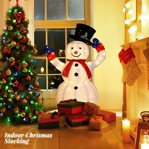 VINGLI 4FT Auto-Waving Outdoor Snowman Christmas Decorations, Lighted Pop Up Snowman w/120 LED Lights, Moving Hat, Red Scarf, Ground Stakes for Indoor, Yard, Outside Xmas Decor
