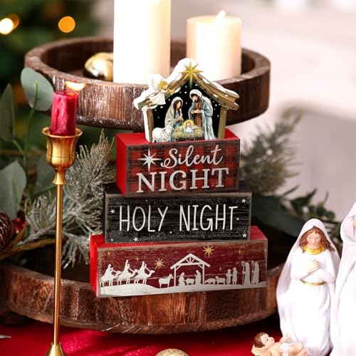 Moucuny 4 Pcs Christmas Table Decor, Wooden Nativity Scene Holy Night Signs