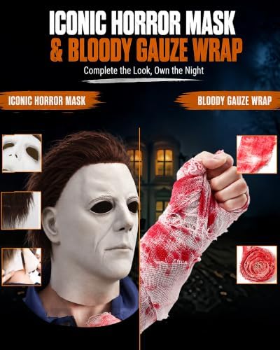 Men's Navy Halloween Jumpsuit Costume Set, Horror Mask, Prop knife, Gauze