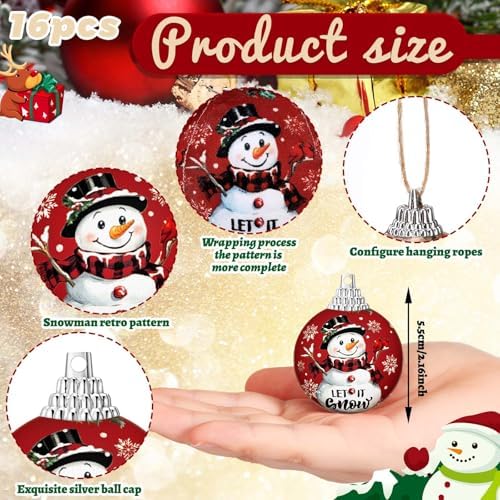 Outus 16 Pcs Christmas Ball Ornaments for Tree Merry Christmas Snow Joy Hanging Ornaments Xmas Santa Claus Snowman Balls for Tree Decoration Xmas Gifts Farmhouse Home Fireplace Decoration