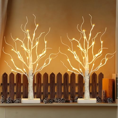 EAMBRITE Lighted Birch Tree with Led Lights, White Christmas Tree 2Pack