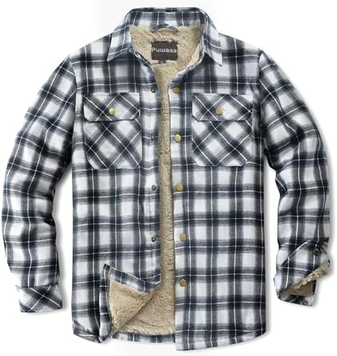 Men's Sherpa Cotton Flannel Shirt Jacket Plaid Button Coat Pocket