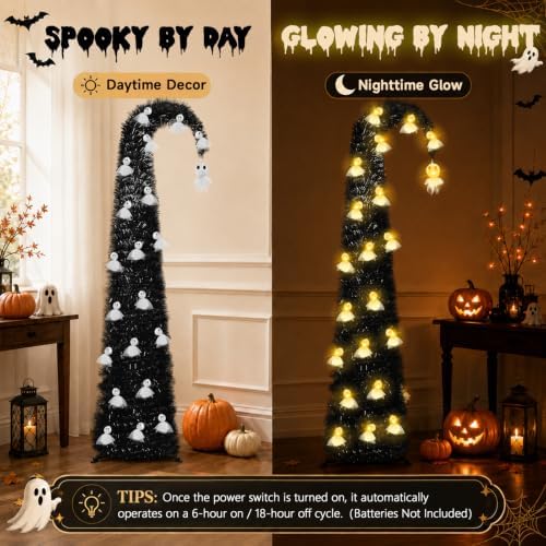 6FT Black Halloween Pop Up Christmas Tree with Ghost String Lights