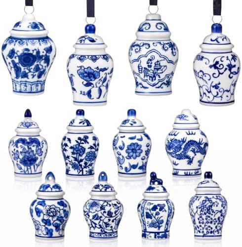 Peryiter 12 Pcs Blue White Christmas Ornaments Ginger Jar, Minimalist