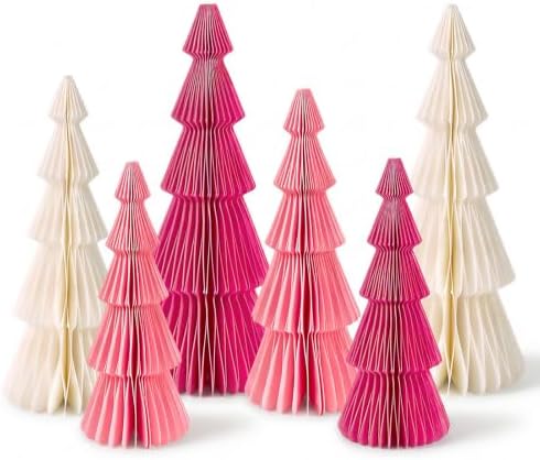 SUNBEAUTY Pink Honeycomb Paper Christmas Trees, 6pcs Foldable Honeycomb Trees, Christmas 3D Paper Tree Table Centerpieces for Home Indoor Modern Xmas Tabletop Holiday Decor