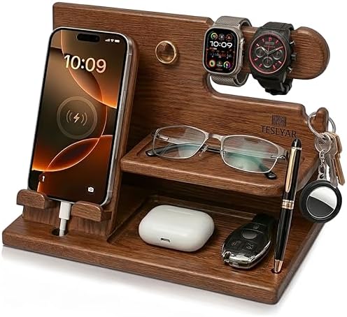 TESLYAR Wood Phone Docking Station for Men - Desk or Nightstand Organizer - Birthday Gifts for Husband or Dad - Anniversary Idea from Wife - Key Holder, Stand Wallet, Watch & Essentials (Earth Beige)