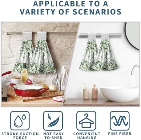 Eucalyptus Leaves Hanging Hand Towels Sage Green Leaf Kitchen Towels with Hanging Loop Spring Summer Floral Farmhouse Greenery Tea Dish Towels Soft Absorbent Fingertip Bath Tie Towels for Bathroom