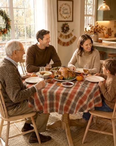 Fall & Thanksgiving Tablecloth Round 60 Inch, Tartan Plaid
