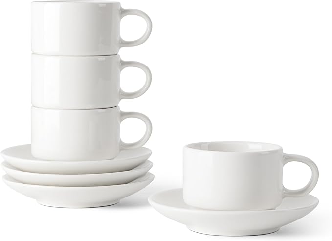 DOWAN 2.5 OZ Stackable Espresso Cups, Porcelain Coffee Cups with Saucers Set of 4, White Espresso Shot Cup, Tea Cups for Home, Office and Cafe Use