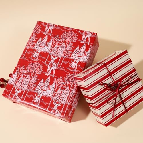 LaRibbons Red Christmas Wrapping Paper, Vintage Deer Winter Toile Design