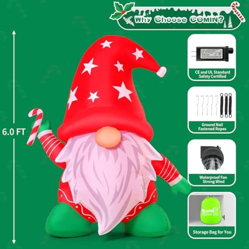 COMIN 6FT Christmas Inflatables Gnome with Candy Cane Outdoor Decorations