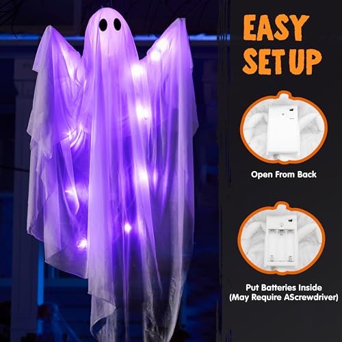 JOYIN 2 Pcs 47” Halloween Hanging Light up Ghost Decorations Outdoor, Halloween White Hanging Ghosts with Purple LED Lights for Haunted House Prop, Party Supplies, Front Yard Patio Garden Decor