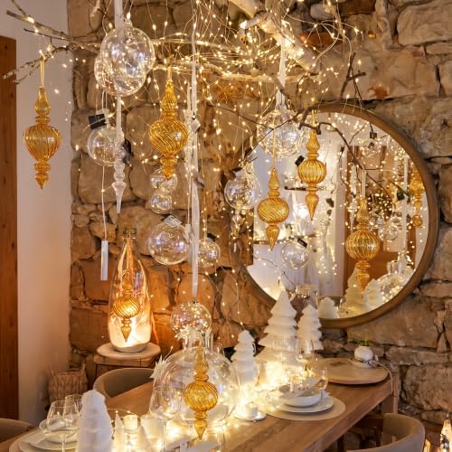 12 Pcs Vintage Glass Finial Christmas Ornaments, Gold
