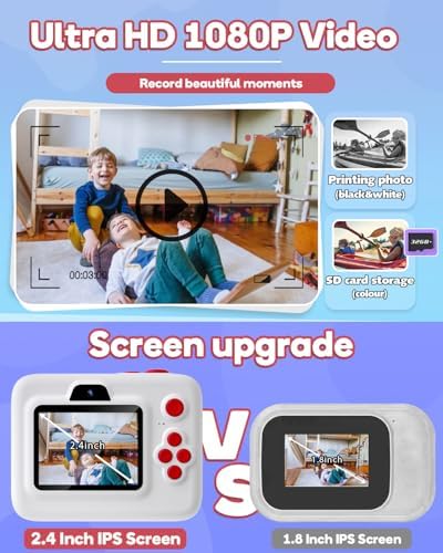 Dylanto Instant Print Camera for Kids,2.4 Inch Screen Kids Instant Cameras, Christmas Birthday Gifts for Girls Age 3-12, Portable Toddler Toy for 3 4 5 6 7 8 9 10 Year Old Girls Boys White
