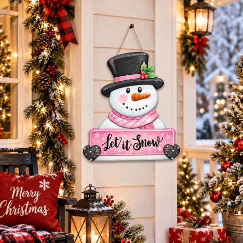 Christmas Decorations Winter Pink Snowman Hanging Wooden Front Door Sign