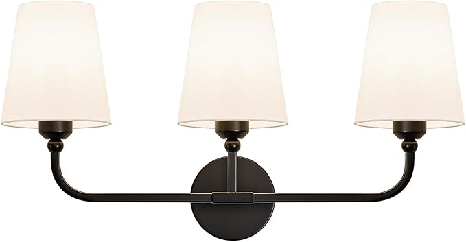 Bathroom Vanity Light, Matte Black Bathroom Light Fixtures, 3-Light Lighting Fixtures Over Mirror, Modern Wall Sconce with Flared White Fabric Shade, E26 Socket(ETL Listed)