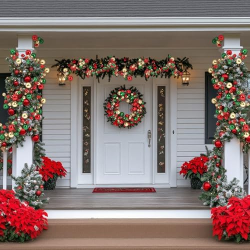 2 Pcs 6 ft Christmas Ball Ornament Garland, Red, Green, Gold